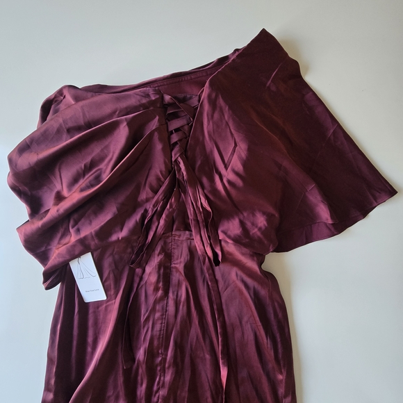 Wear Your Love Burgundy Satin Style Asymmetrical Sleeve Midi Dress Formal - Picture 8 of 15